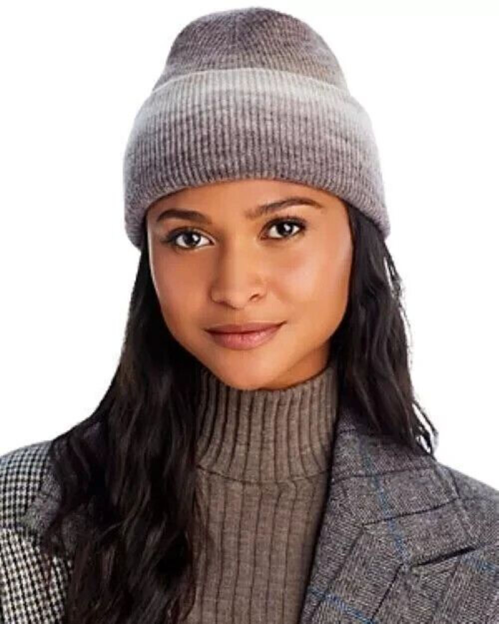 AQUA Hat Womens Brown Ombre Stripe Ribbed Beanie Cuff Stretch Neutral $68